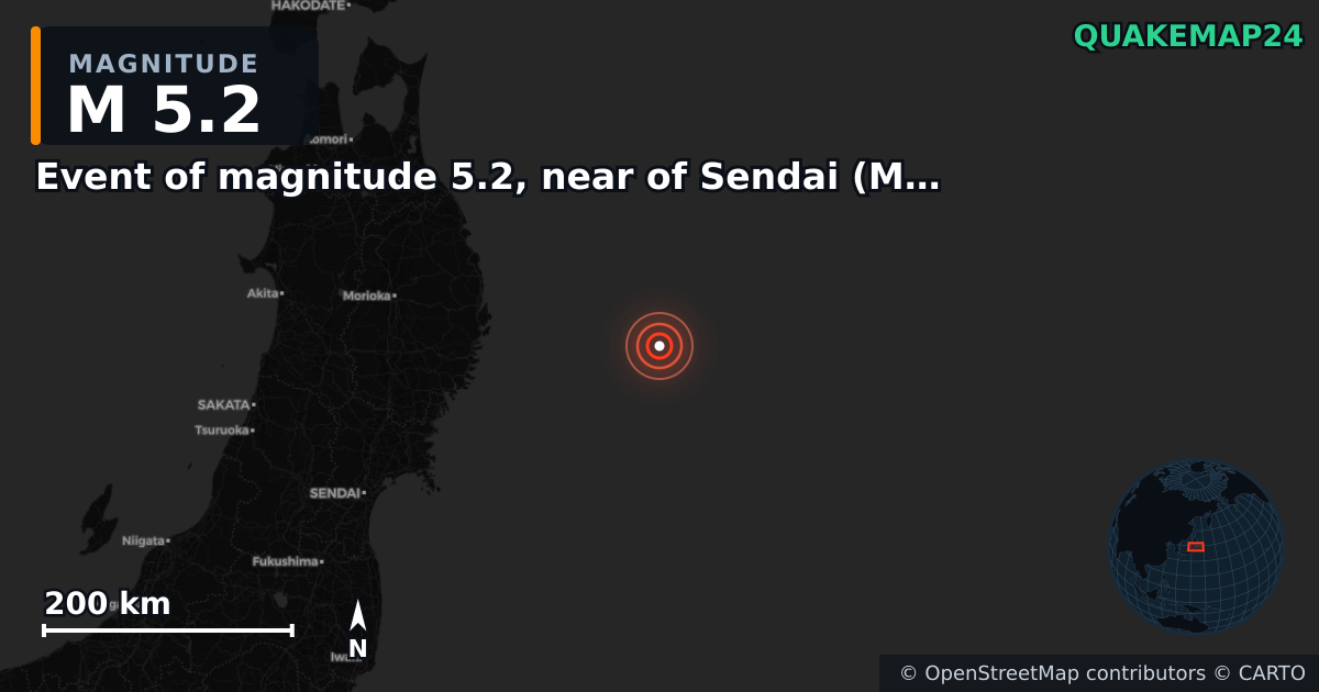 M5.2 earthquake near Event of magnitude 5.2, near of Sendai (Monde) on Nov 8, 2025 — map of epicenter and shaking intensity | QuakeMap24