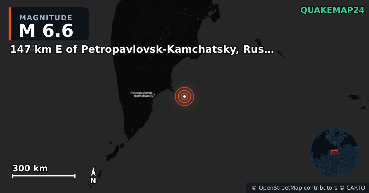 M6.6 earthquake near 147 km E of Petropavlovsk-Kamchatsky, Russia on Jul 20, 2025 — map of epicenter and shaking intensity | QuakeMap24