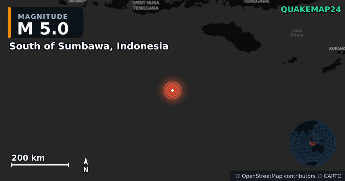 Erdbeben M5,0 bei South of Sumbawa, Indonesia — Karte der Lage des Epizentrums