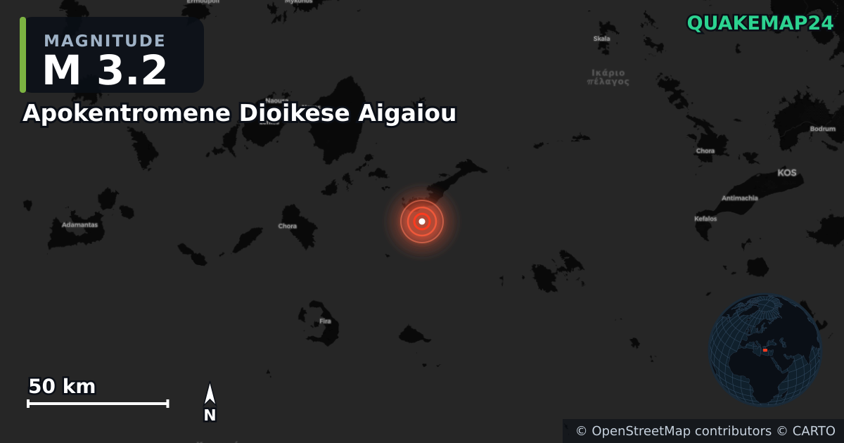 M3.2 earthquake near Apokentromene Dioikese Aigaiou on May 18, 2025 — map of epicenter and shaking intensity | QuakeMap24