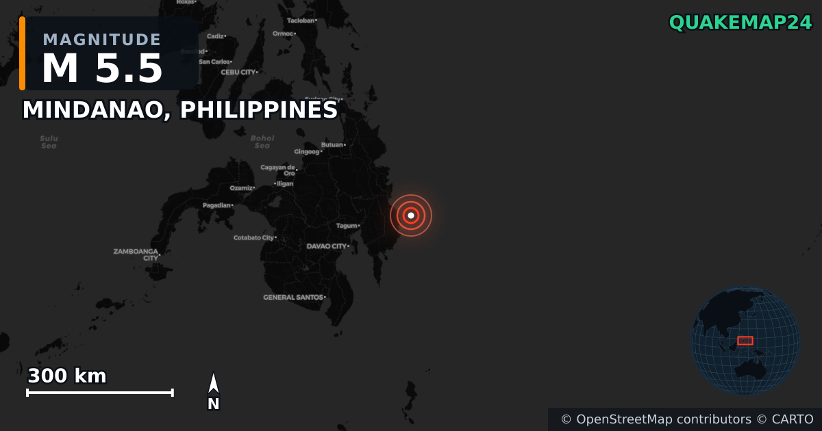 M5.5 earthquake near MINDANAO, PHILIPPINES on May 6, 2026 — map of epicenter and shaking intensity | QuakeMap24
