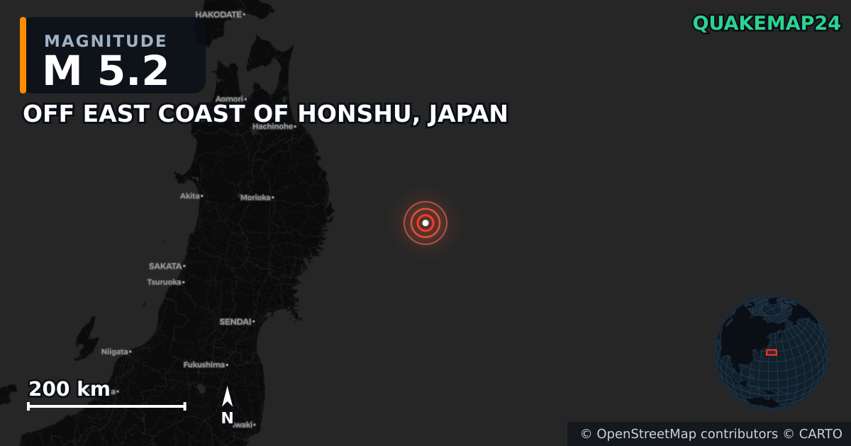 M5.2 earthquake near OFF EAST COAST OF HONSHU, JAPAN on Nov 9, 2025 — map of epicenter and shaking intensity | QuakeMap24