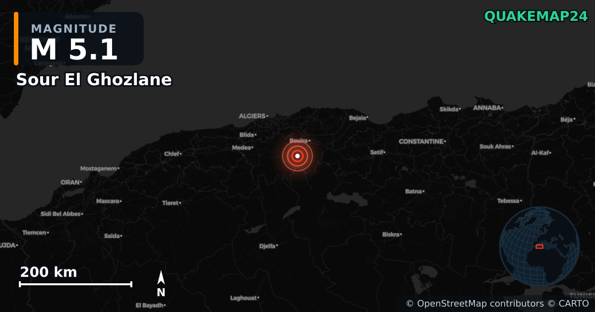 M5.1 earthquake near Sour El Ghozlane on Mar 18, 2025 — map of epicenter and shaking intensity | QuakeMap24
