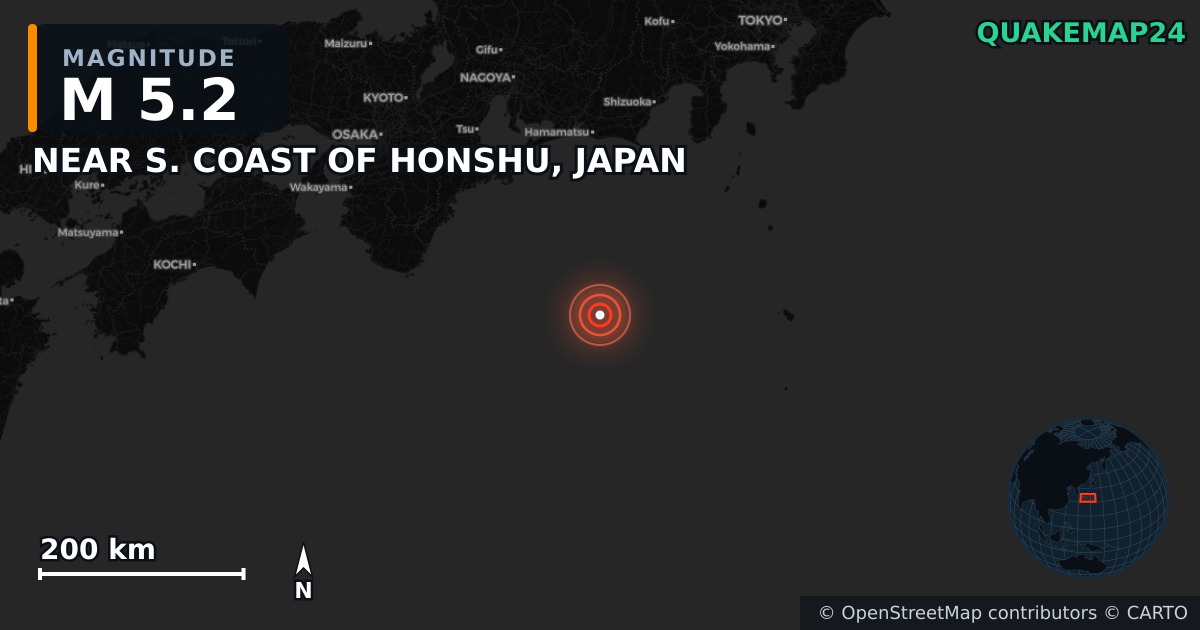 M5.2 earthquake near NEAR S. COAST OF HONSHU, JAPAN on Dec 23, 2025 — map of epicenter and shaking intensity | QuakeMap24