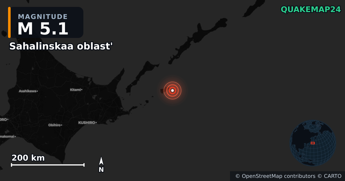 M5.1 earthquake near Sahalinskaa oblast' on Jul 6, 2025 — map of epicenter and shaking intensity | QuakeMap24