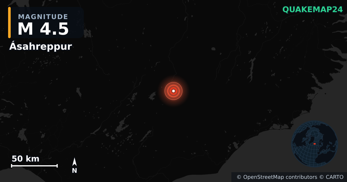 M4.5 earthquake near Ásahreppur on Jan 22, 2026 — map of epicenter and shaking intensity | QuakeMap24