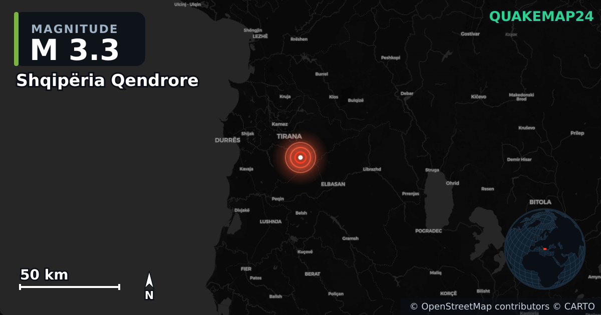M3.3 earthquake near Shqipëria Qendrore on Oct 29, 2025 — map of epicenter and shaking intensity | QuakeMap24