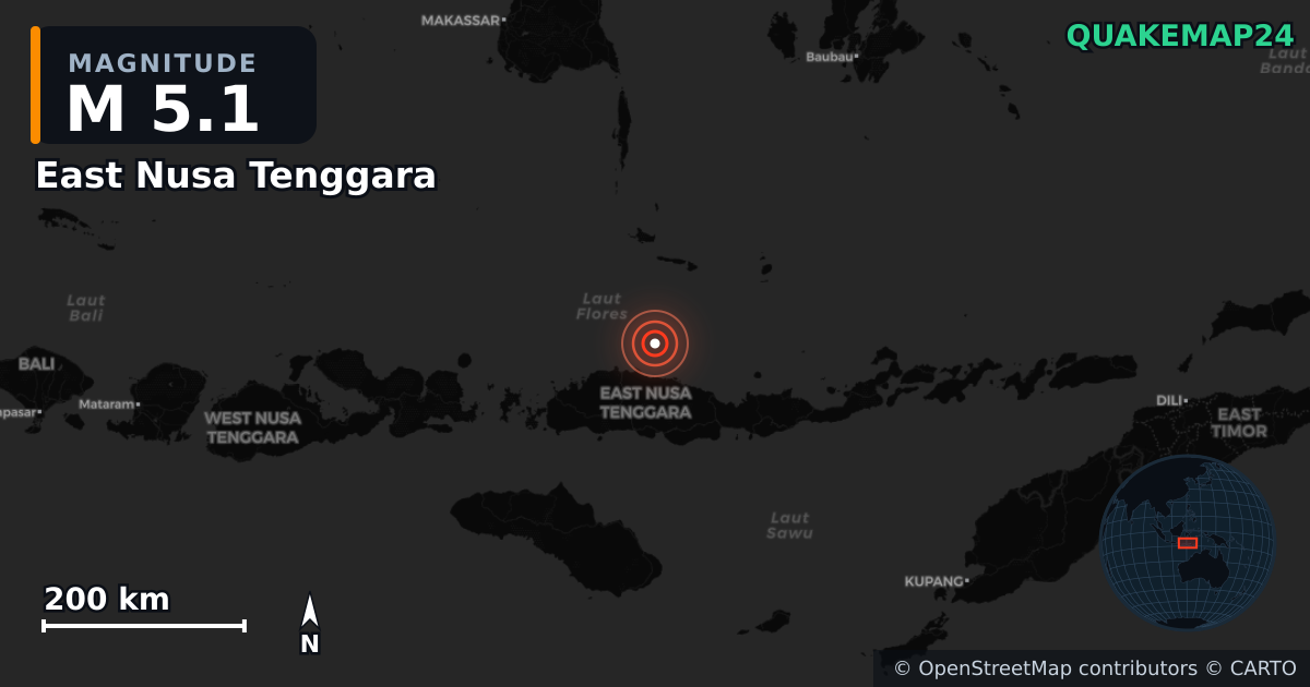M5.1 earthquake near East Nusa Tenggara on Aug 15, 2026 — map of epicenter and shaking intensity | QuakeMap24