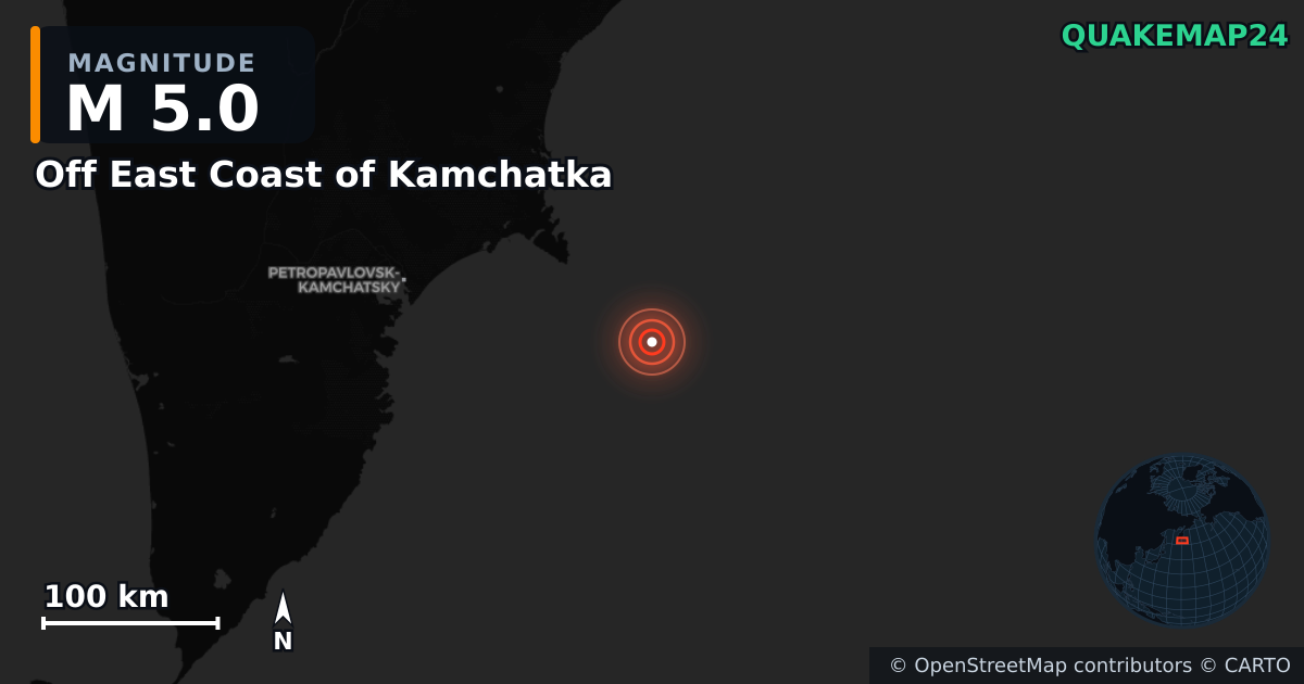 M5.0 earthquake near Off East Coast of Kamchatka on Sep 18, 2025 — map of epicenter and shaking intensity | QuakeMap24