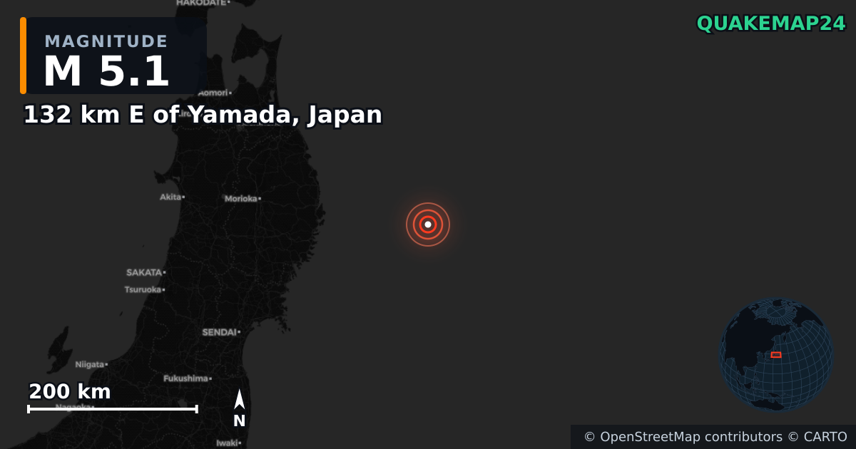 M5.1 earthquake near 132 km E of Yamada, Japan on Nov 8, 2025 — map of epicenter and shaking intensity | QuakeMap24