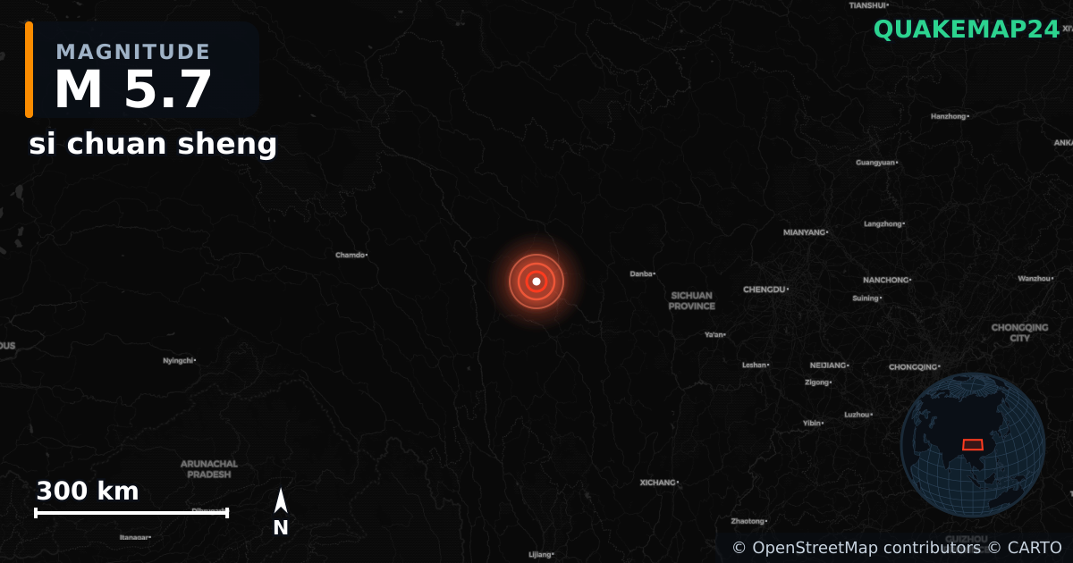 M5.7 earthquake near si chuan sheng on Oct 9, 2025 — map of epicenter and shaking intensity | QuakeMap24