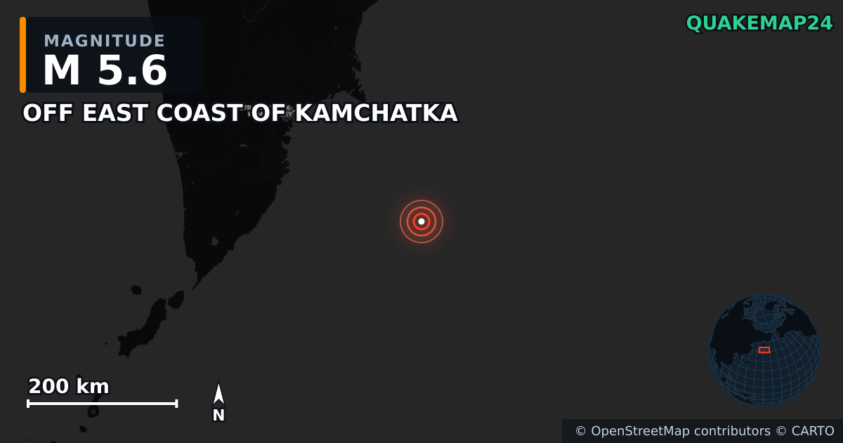 M5.6 earthquake near OFF EAST COAST OF KAMCHATKA on Dec 15, 2025 — map of epicenter and shaking intensity | QuakeMap24