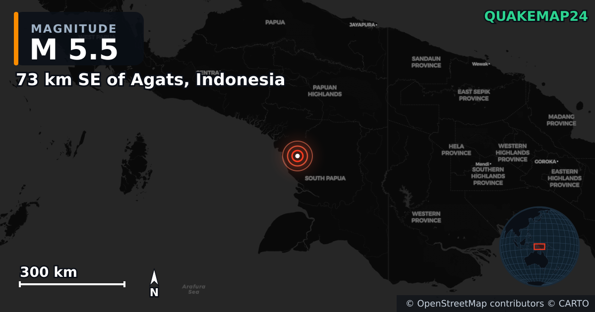 73 km SE of Agats, Indonesia yakınında M5,5 deprem — Deprem merkez üssünün konumunu gösteren harita