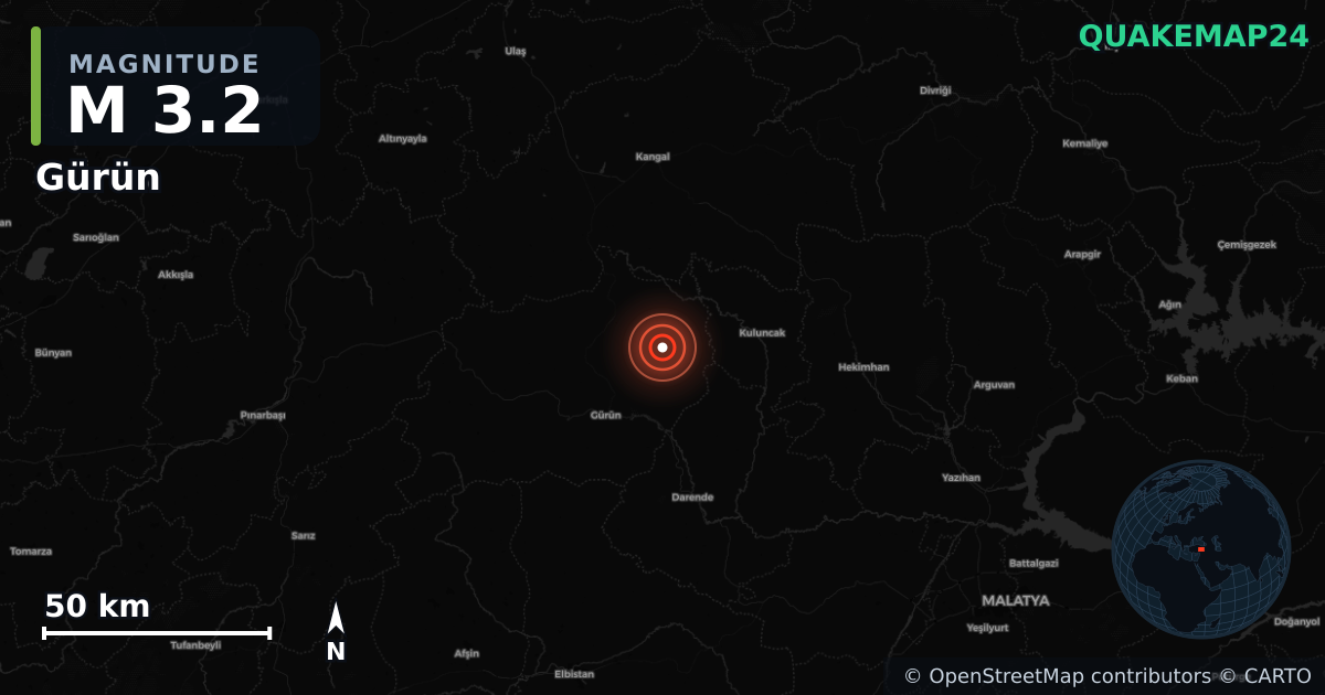 M3.2 earthquake near Gürün on Sep 21, 2025 — map of epicenter and shaking intensity | QuakeMap24
