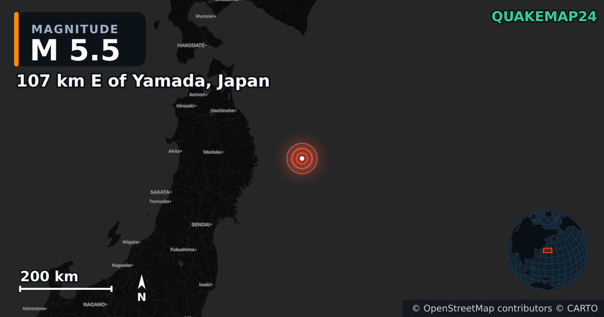 M5.5 earthquake near 107 km E of Yamada, Japan on Nov 9, 2025 — map of epicenter and shaking intensity | QuakeMap24