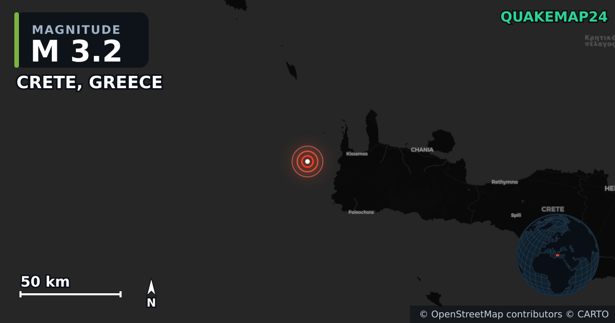 M3.2 earthquake near CRETE, GREECE on Aug 31, 2025 — map of epicenter and shaking intensity | QuakeMap24