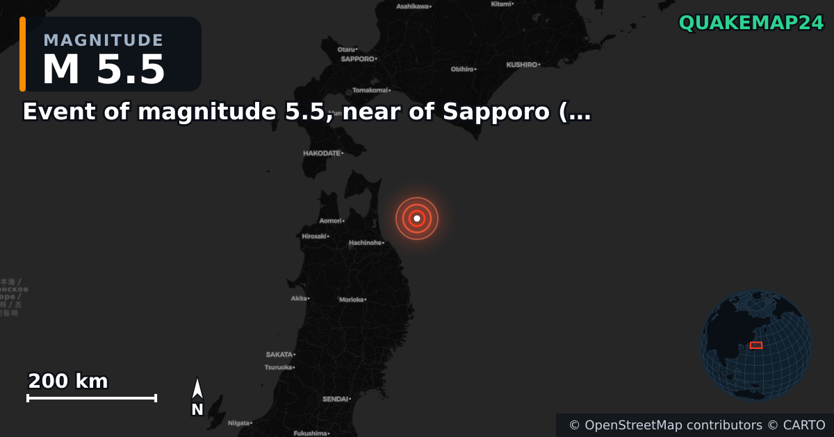 M5.5 earthquake near Event of magnitude 5.5, near of Sapporo (Monde) on Dec 21, 2025 — map of epicenter and shaking intensity | QuakeMap24