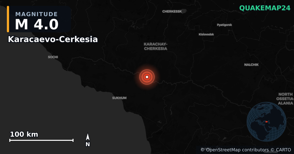 M4.0 earthquake near Karacaevo-Cerkesia on May 18, 2025 — map of epicenter and shaking intensity | QuakeMap24