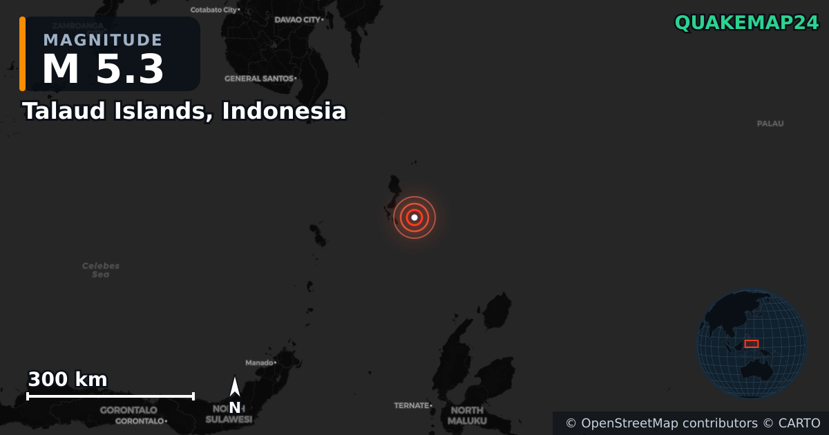 M5.3 earthquake near Talaud Islands, Indonesia on Jan 10, 2026 — map of epicenter and shaking intensity | QuakeMap24