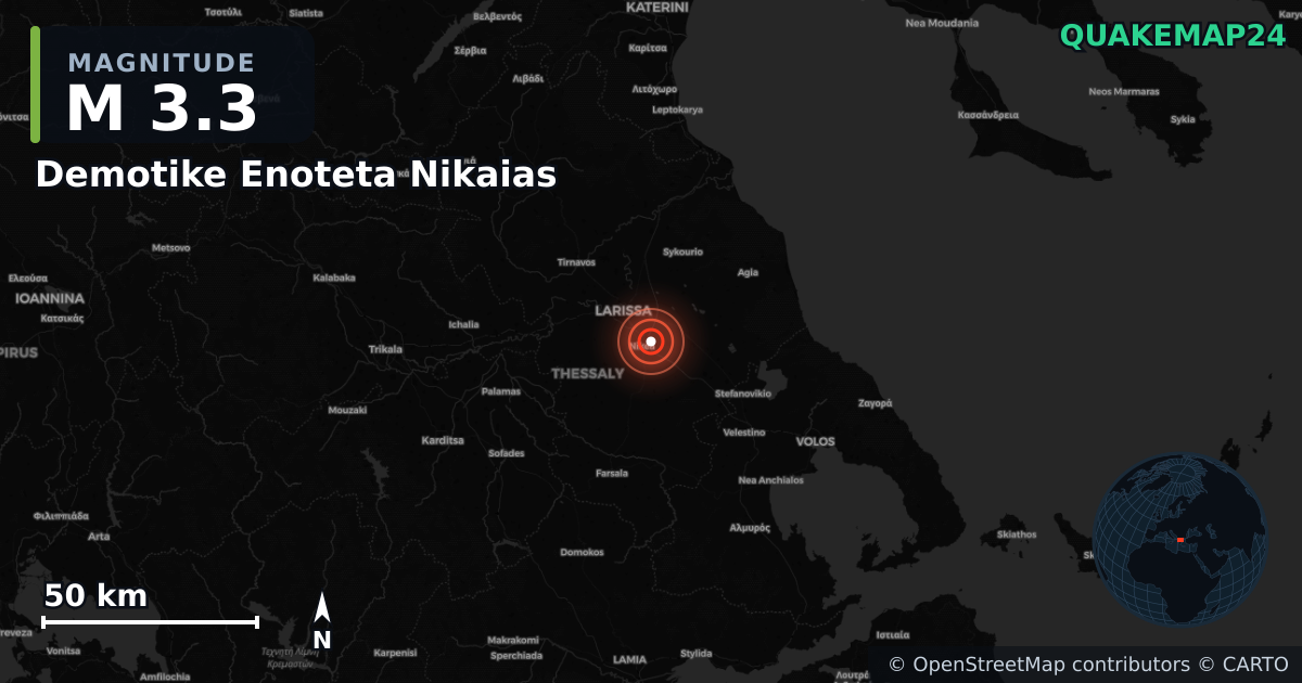 M3.3 earthquake near Demotike Enoteta Nikaias on Oct 28, 2025 — map of epicenter and shaking intensity | QuakeMap24