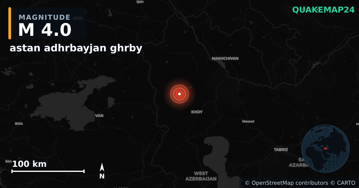 M4.0 earthquake near astan adhrbayjan ghrby on Dec 3, 2025 — map of epicenter and shaking intensity | QuakeMap24