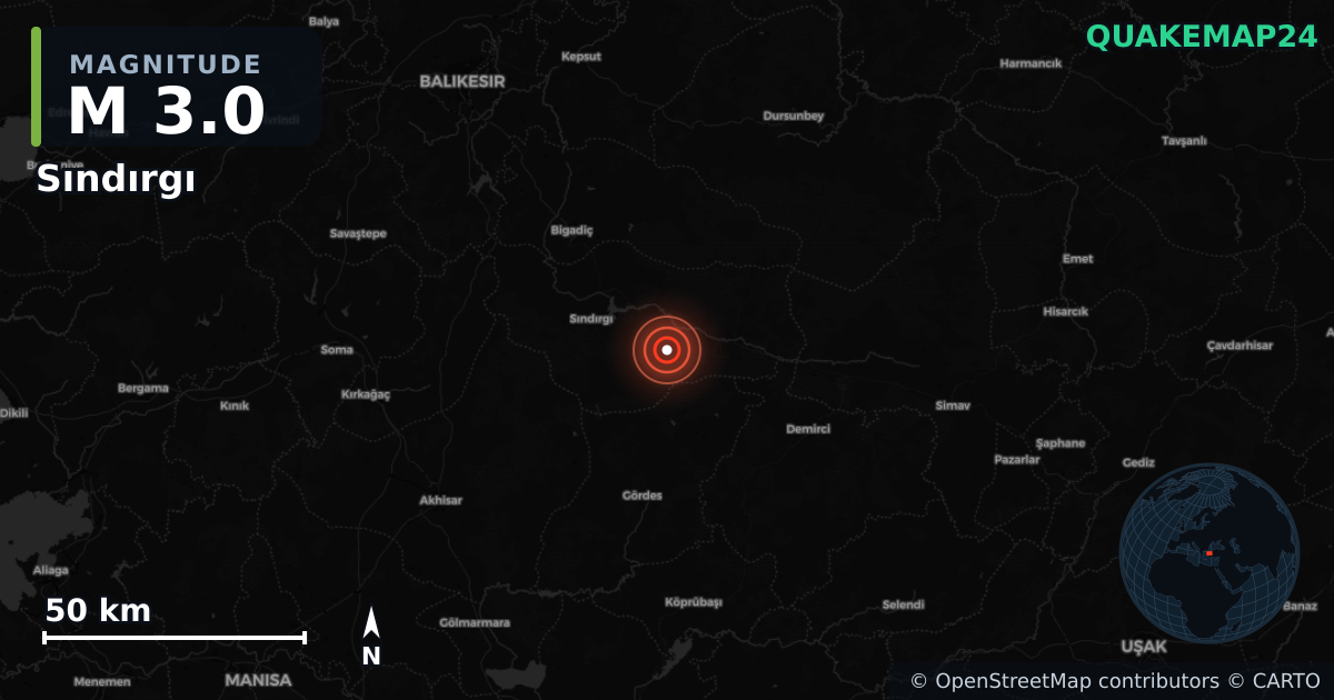 M3.0 earthquake near Sındırgı on Nov 3, 2025 — map of epicenter and shaking intensity | QuakeMap24