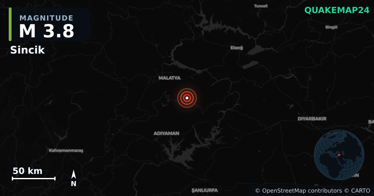 M3.8 earthquake near Sincik on Oct 24, 2025 — map of epicenter and shaking intensity | QuakeMap24
