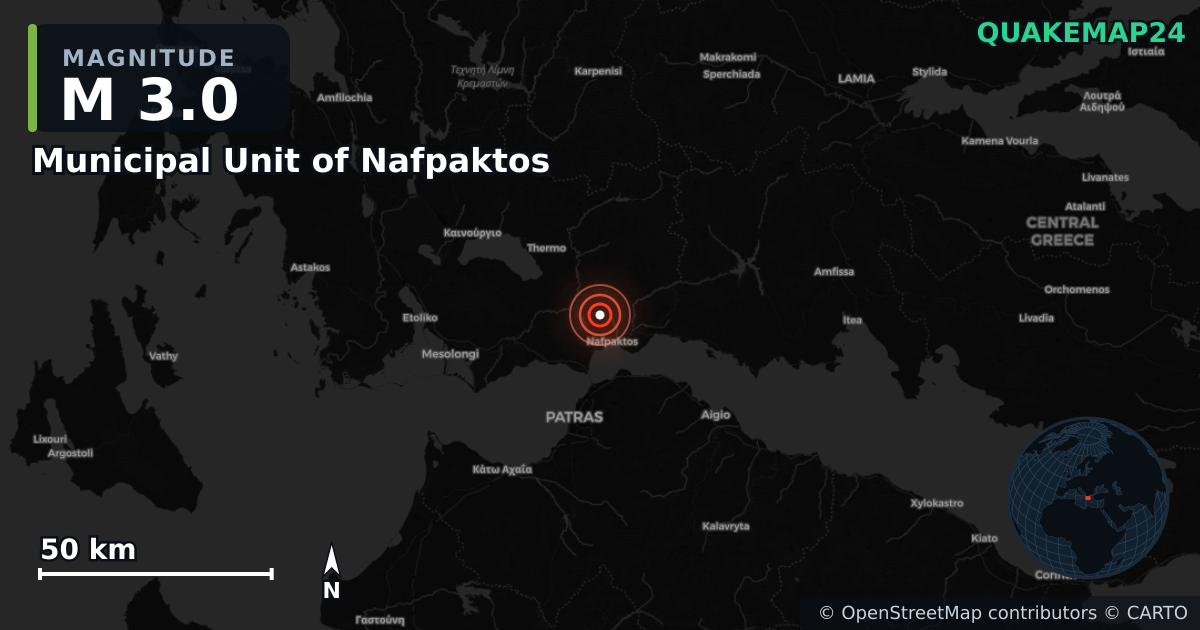 M3.0 earthquake near Municipal Unit of Nafpaktos on Aug 12, 2026 — map of epicenter and shaking intensity | QuakeMap24