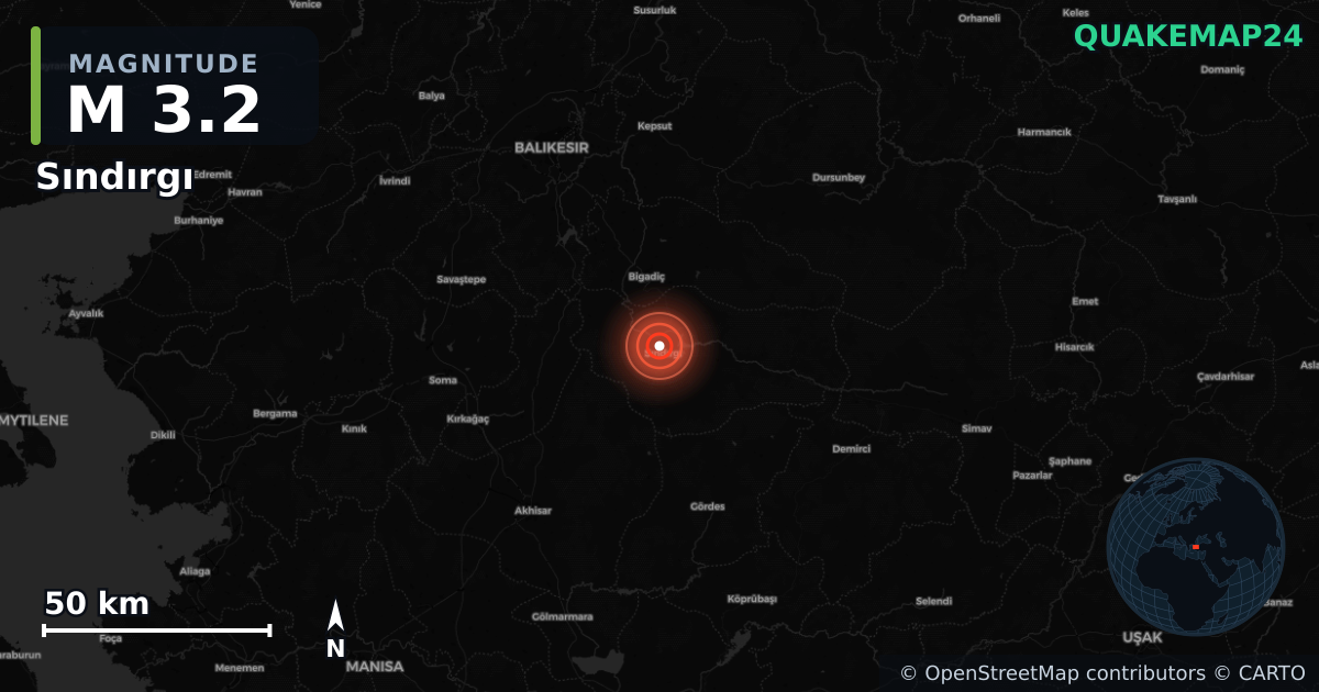 M3.2 earthquake near Sındırgı on Nov 10, 2025 — map of epicenter and shaking intensity | QuakeMap24