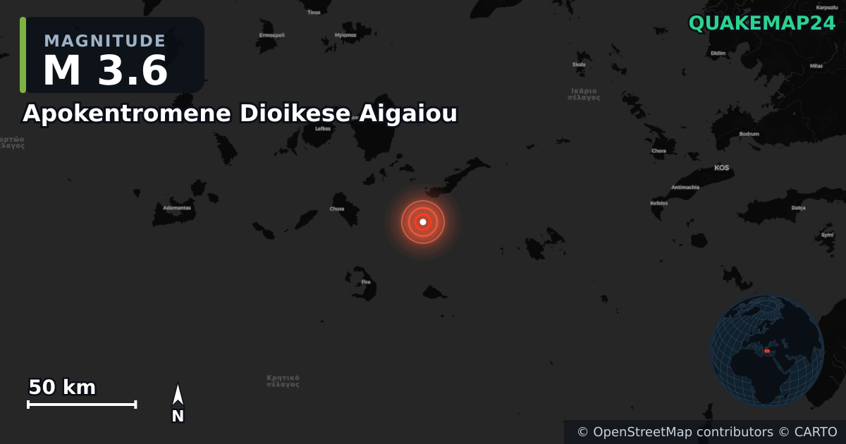 M3.6 earthquake near Apokentromene Dioikese Aigaiou on Nov 14, 2025 — map of epicenter and shaking intensity | QuakeMap24