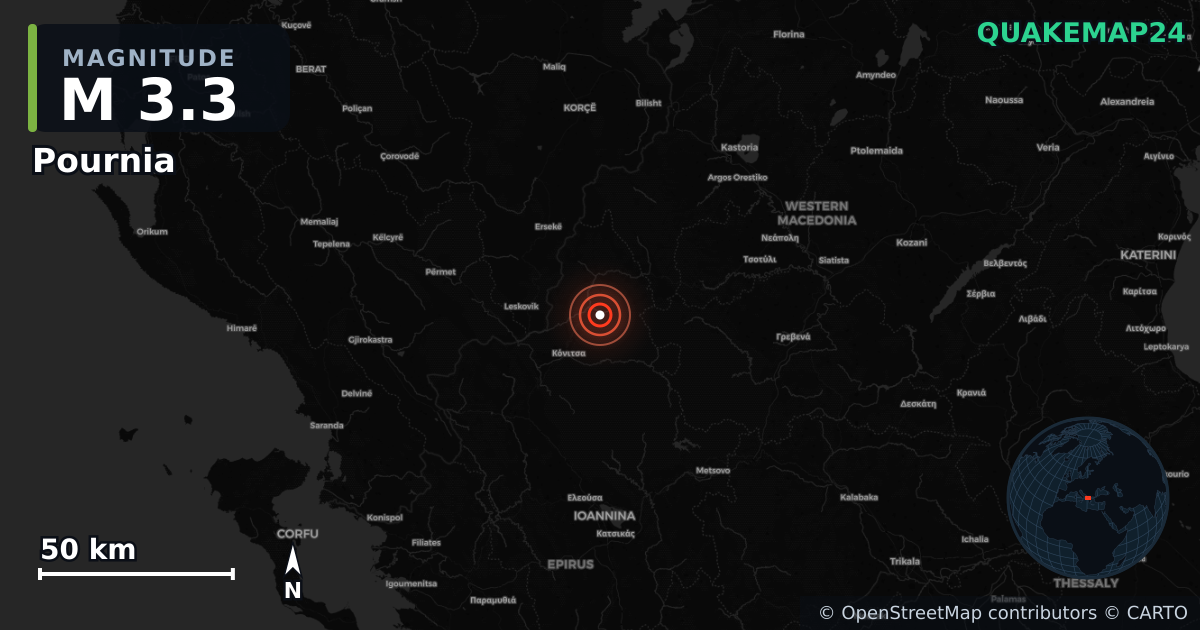 M3.3 earthquake near Pournia on Oct 30, 2025 — map of epicenter and shaking intensity | QuakeMap24