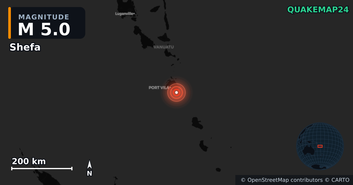M5.0 earthquake near Shefa on Jun 13, 2025 — map of epicenter and shaking intensity | QuakeMap24