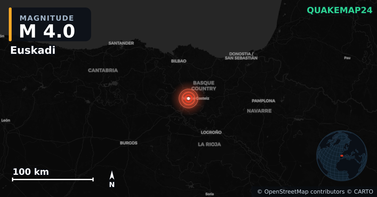 M4.0 earthquake near Euskadi on Dec 7, 2025 — map of epicenter and shaking intensity | QuakeMap24