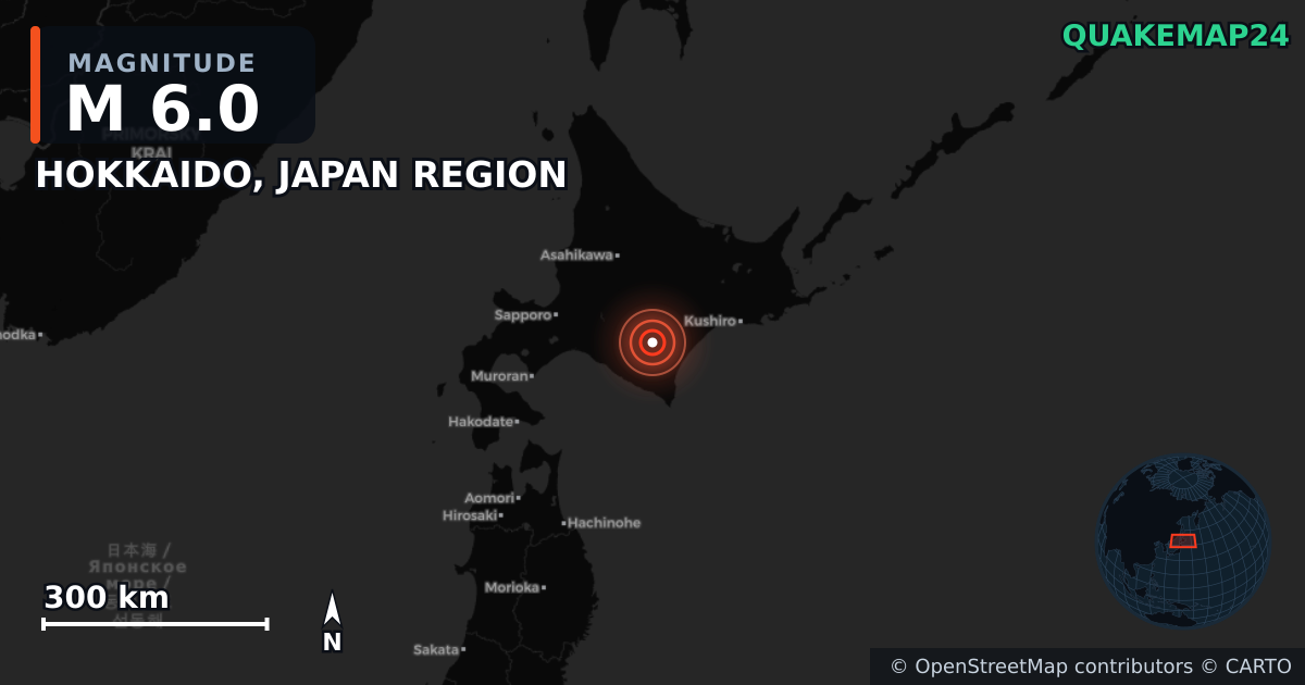 M6.0 earthquake near HOKKAIDO, JAPAN REGION on Apr 26, 2026 — map of epicenter and shaking intensity | QuakeMap24