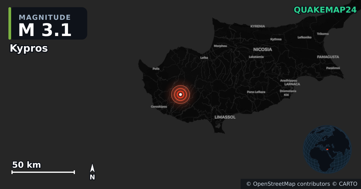 M3.1 earthquake near Kypros on Nov 12, 2025 — map of epicenter and shaking intensity | QuakeMap24