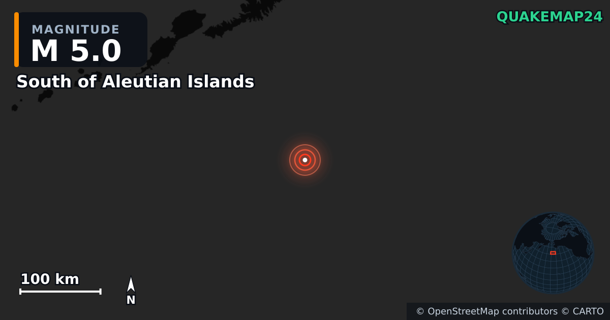 South of Aleutian Islands yakınında M5,0 deprem — Deprem merkez üssünün konumunu gösteren harita
