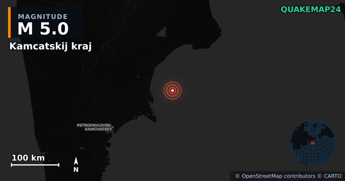 M5.0 earthquake near Kamcatskij kraj on Sep 29, 2025 — map of epicenter and shaking intensity | QuakeMap24