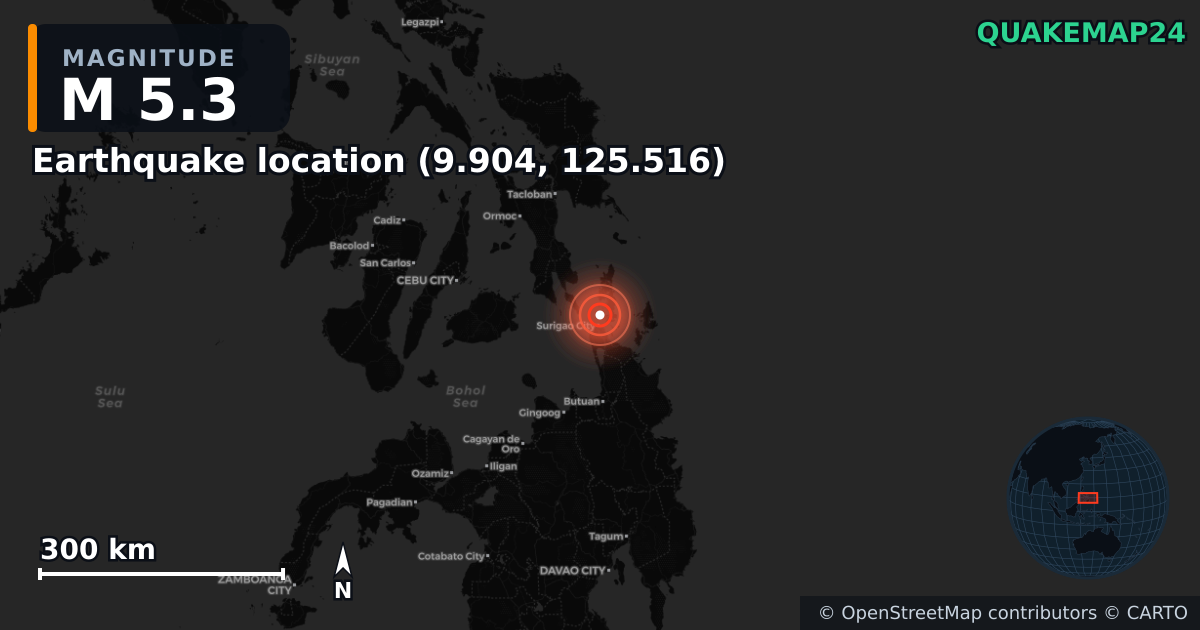 M5.3 earthquake near Erdbeben-Standort (9.904, 125.516) on Sep 8, 2025 — map of epicenter and shaking intensity | QuakeMap24
