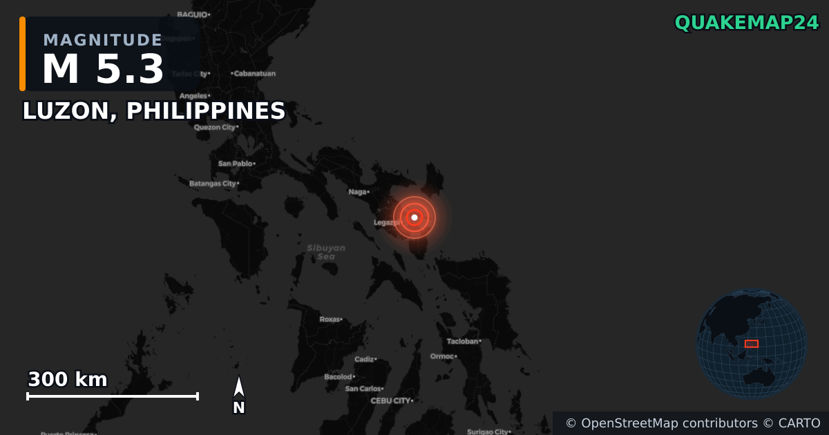 M5.3 earthquake near LUZON, PHILIPPINES on Jun 5, 2026 — map of epicenter and shaking intensity | QuakeMap24