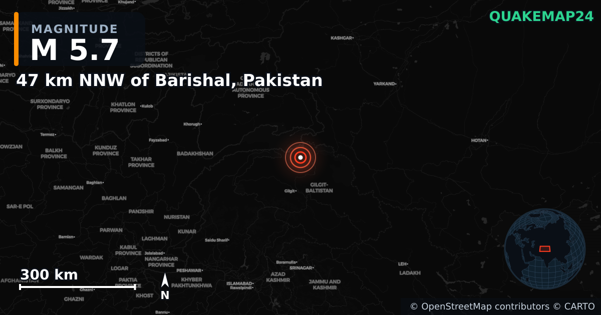 M5.7 earthquake near 47 km NNW of Barishal, Pakistan on Jan 19, 2026 — map of epicenter and shaking intensity | QuakeMap24