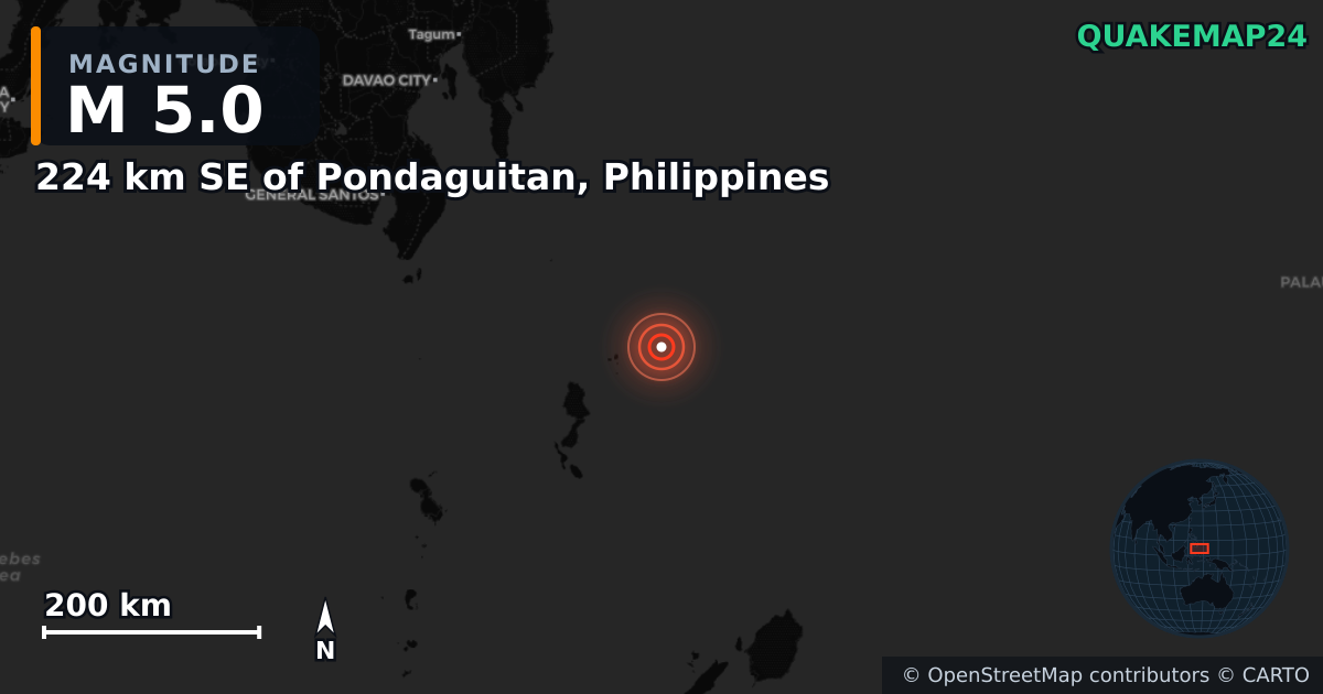 M5.0 earthquake near 224 km SE of Pondaguitan, Philippines on May 12, 2026 — map of epicenter and shaking intensity | QuakeMap24