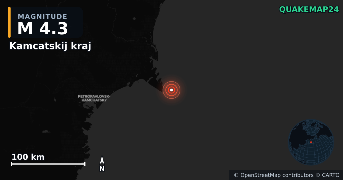 M4.3 earthquake near Kamcatskij kraj on Jul 9, 2025 — map of epicenter and shaking intensity | QuakeMap24