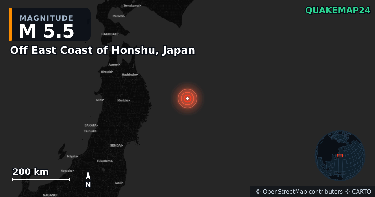 M5.5 earthquake near Off East Coast of Honshu, Japan on Nov 12, 2025 — map of epicenter and shaking intensity | QuakeMap24