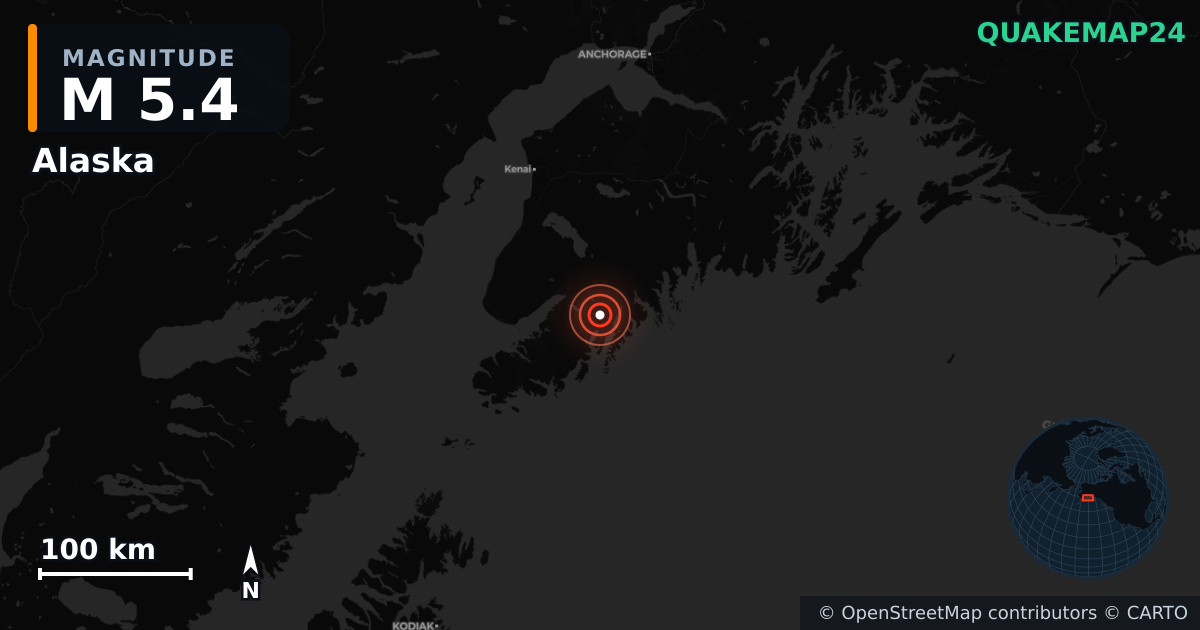 M5.4 earthquake near Alaska on Oct 30, 2025 — map of epicenter and shaking intensity | QuakeMap24