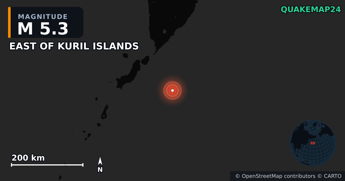 M5.3 earthquake near EAST OF KURIL ISLANDS on Jul 30, 2025 — map of epicenter and shaking intensity | QuakeMap24