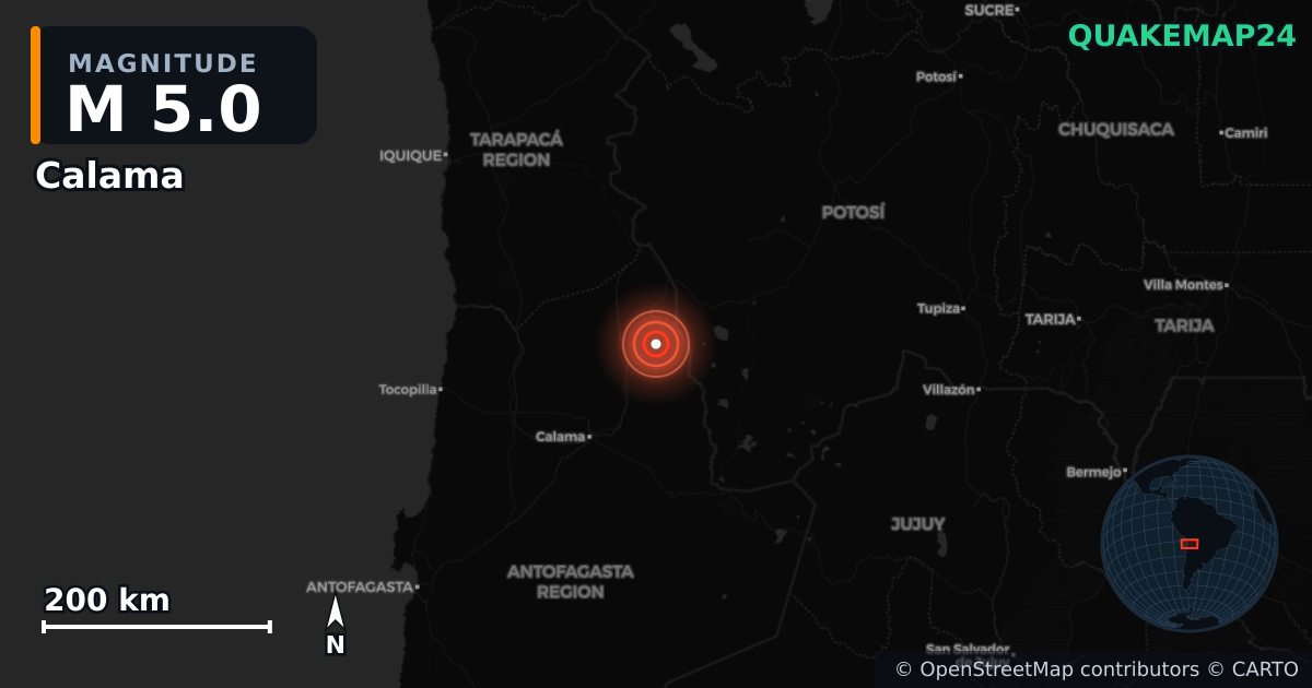 M5.0 earthquake near Calama on Mar 15, 2025 — map of epicenter and shaking intensity | QuakeMap24