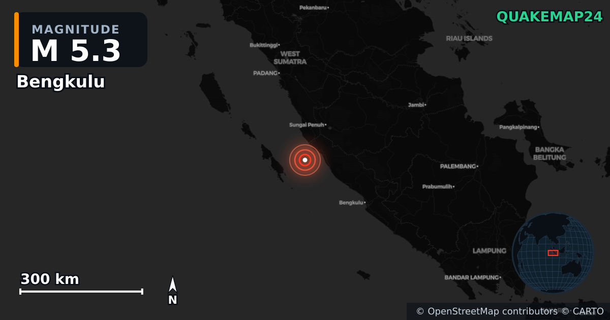 M5.3 earthquake near Bengkulu on Sep 14, 2025 — map of epicenter and shaking intensity | QuakeMap24