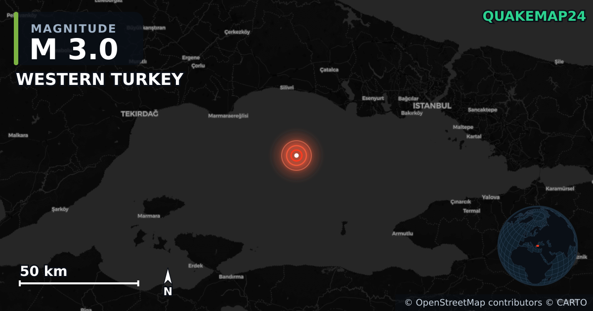 M3.0 earthquake near WESTERN TURKEY on Jul 9, 2025 — map of epicenter and shaking intensity | QuakeMap24
