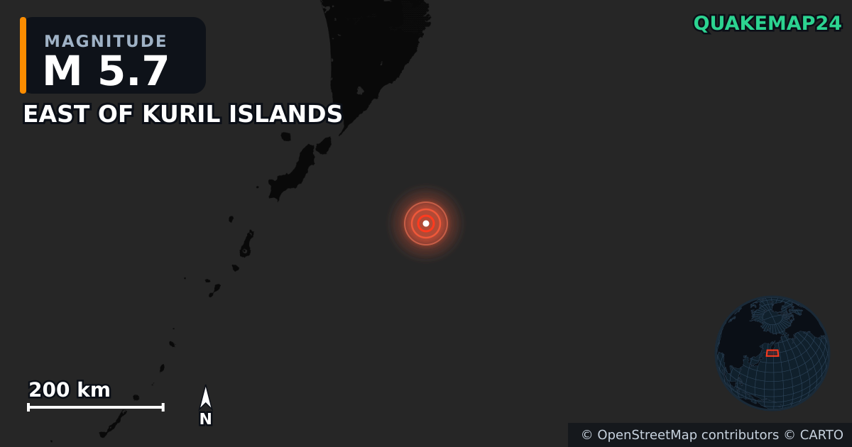 M5.7 earthquake near EAST OF KURIL ISLANDS on Nov 21, 2025 — map of epicenter and shaking intensity | QuakeMap24