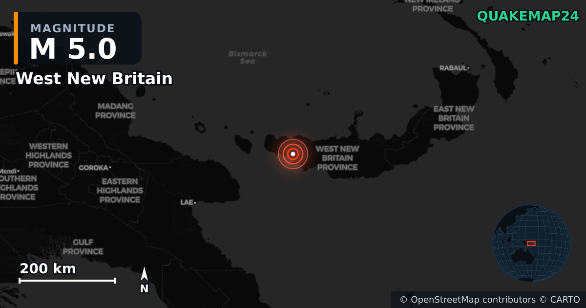 M5.0 earthquake near West New Britain on Nov 4, 2025 — map of epicenter and shaking intensity | QuakeMap24